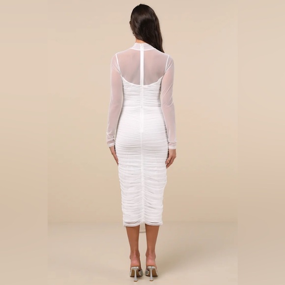 New Lulus Impressive Flirt White Mesh Ruched Mock Neck Midi Dress Size XL - Picture 2 of 4